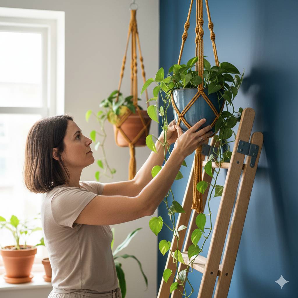 Een vrouw hangt een bloempot op die versierd is met groene klimplanten